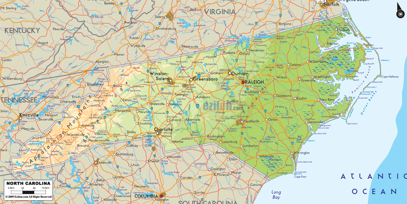 Physical map of North Carolina State, USA showing major geographical features such as rivers, lakes, topography and land formations.