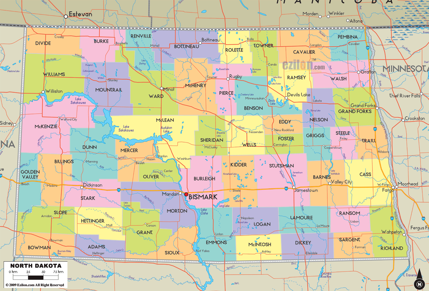 Detailed large of North Dakota State, USA showing cities, towns, counties, roads highway, US highways and State routes.