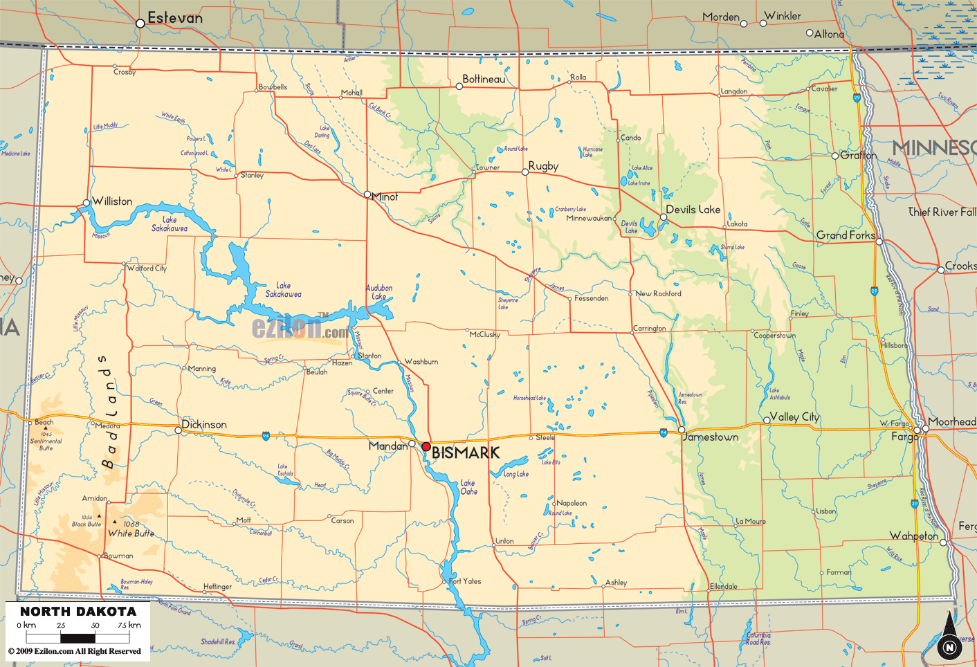 Physical map of North Dakota State, USA showing major geographical features such as rivers, lakes, mountains, topography and land formations.
