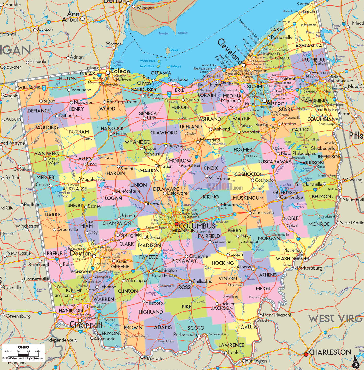 Detailed large map of Ohio State, USA showing cities, towns, county formations, roads highway, US highways and State routes.