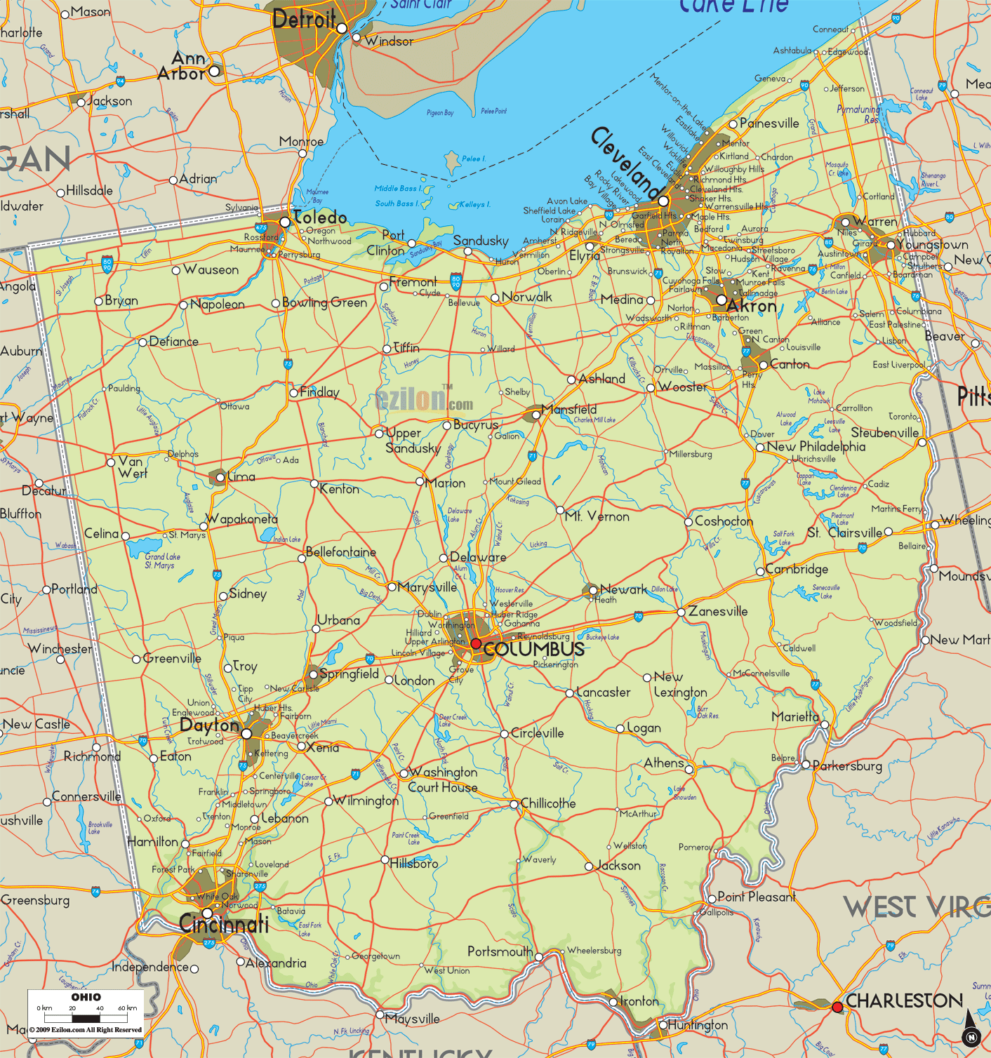 Physical map of Ohio State, USA showing major geographical features such as rivers, lakes, topography and land formations.