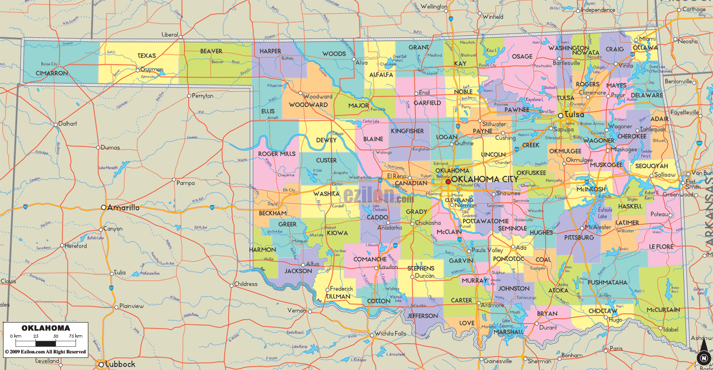 oklahoma map counties maps usa cities county state road towns ezilon states united outline roads ok political detailed city printable