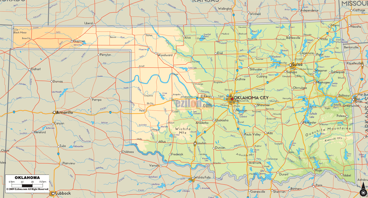 Physical map of Oklahoma State, USA showing major geographical features such as rivers, lakes, topography and land formations.