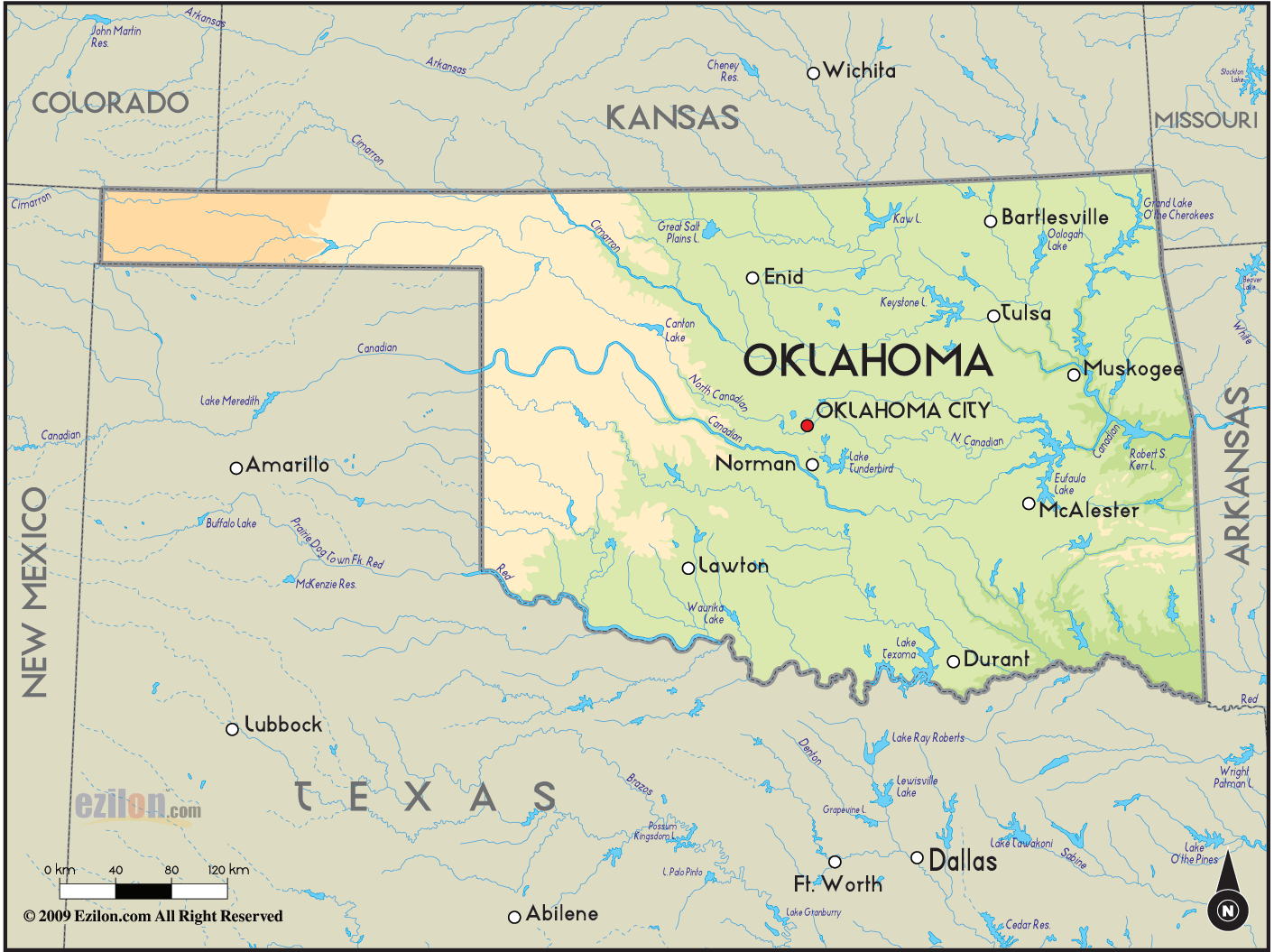 Geographical Map of Oklahoma and Oklahoma Geographical Maps