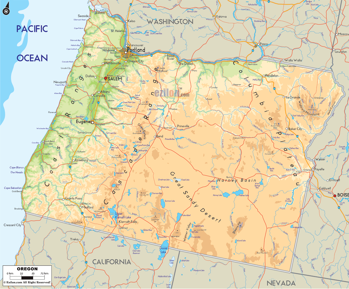 Physical map of Oregon State, USA showing major geographical features such as rivers, lakes, mountains, topography and land formations.