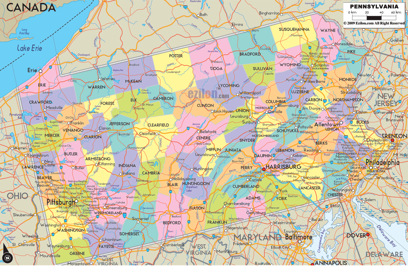 Detailed Political Map of Pennsylvania Ezilon Maps
