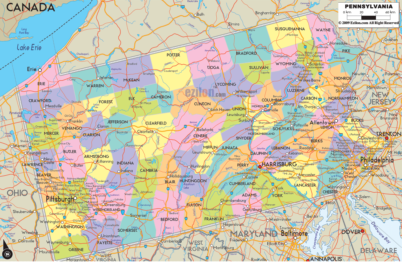 Detailed large map of Pennsylvania State, USA showing cities, towns, county formations, roads highway, US highways and State routes.