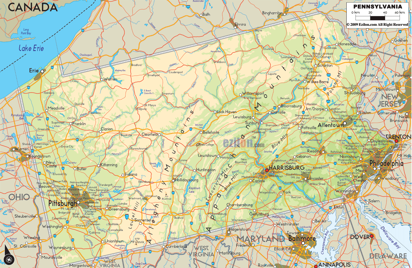 Physical map of Pennsylvania State, USA showing major geographical features such as rivers, lakes, mountains, topography and land formations.