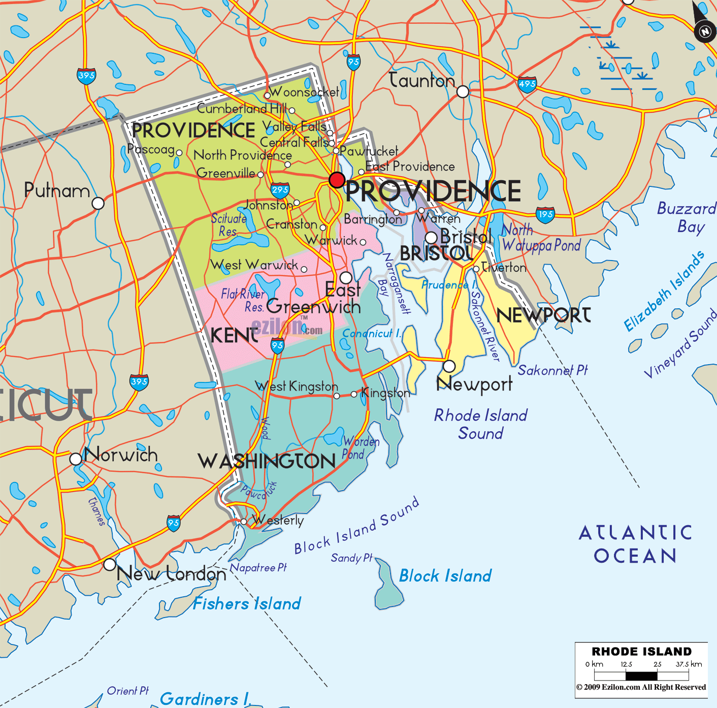Detailed large map of Rhode Island State, USA showing cities, towns, county formations, roads highway, US highways and State routes.