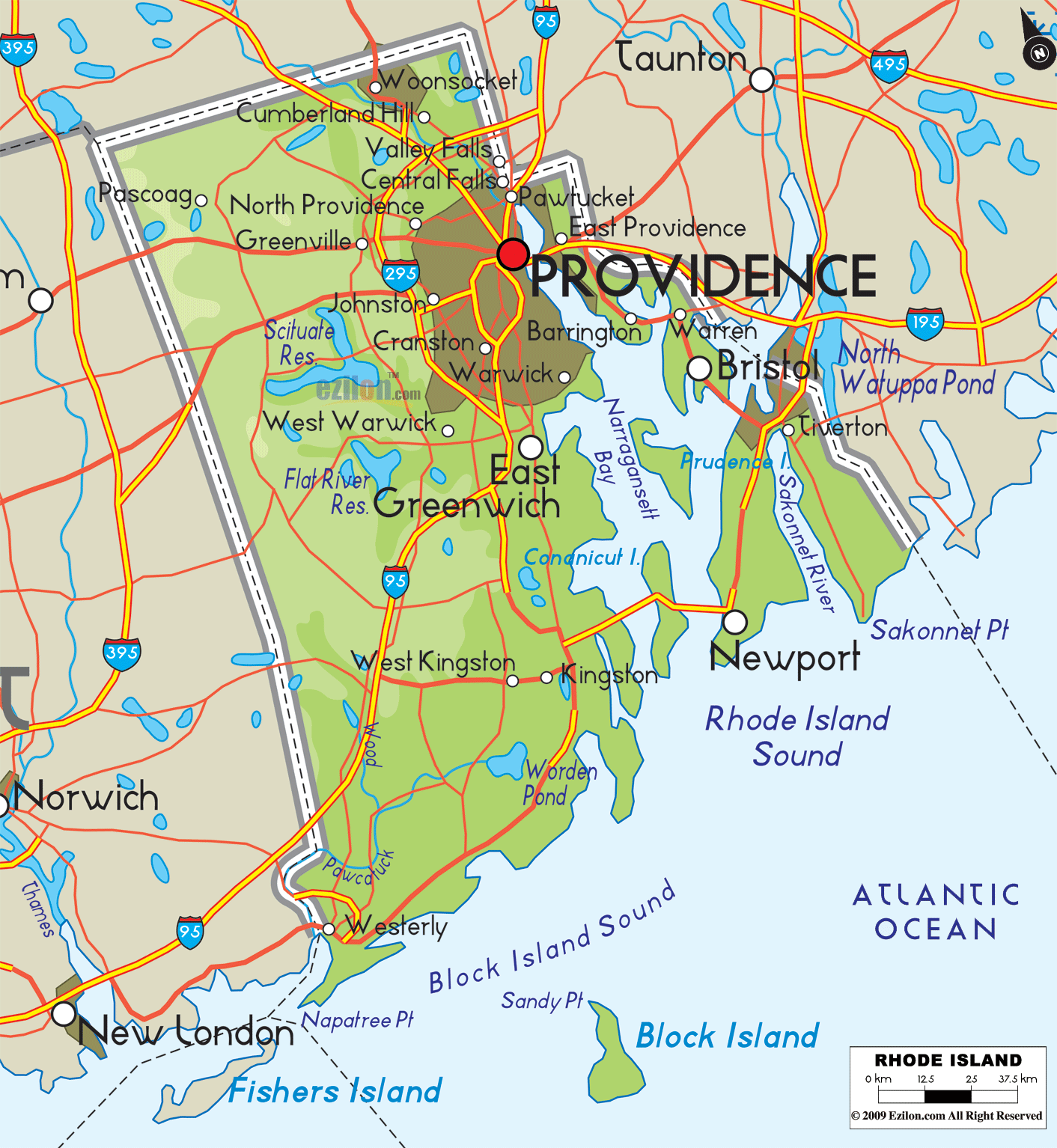 The large detailed Physical map of Rhode Island State, USA showing major geographical features such as islands, rivers, lakes, topography and land formations.