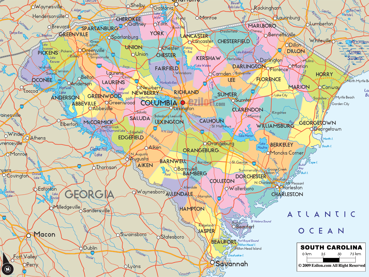 road map of south carolina Detailed Political Map Of South Carolina Ezilon Maps