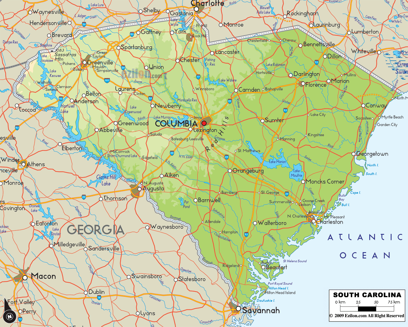 Detailed physical map of South Carolina State, USA showing major geographical features such as rivers, lakes, coastline, topography and land formations.