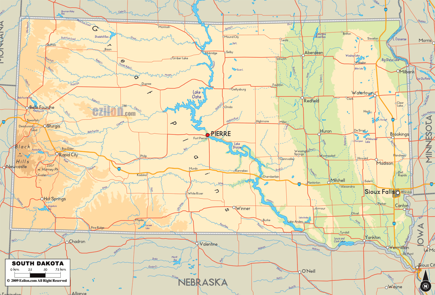 The Physical map of South Dakota State, USA showing major geographical features such as rivers, lakes, topography and land formations.