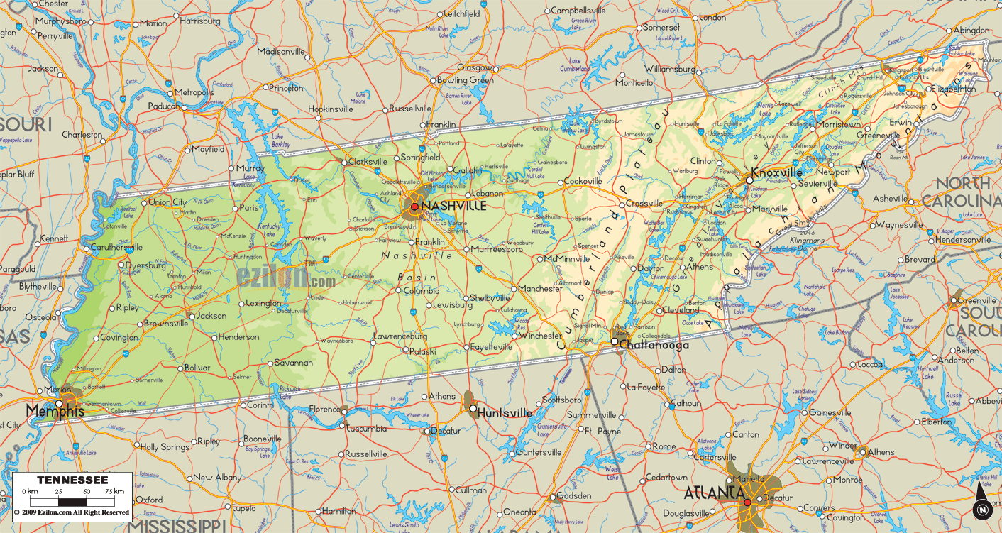 Physical map of Tennessee State, USA showing major geographical features such as rivers, lakes, mountains, topography and land formations.