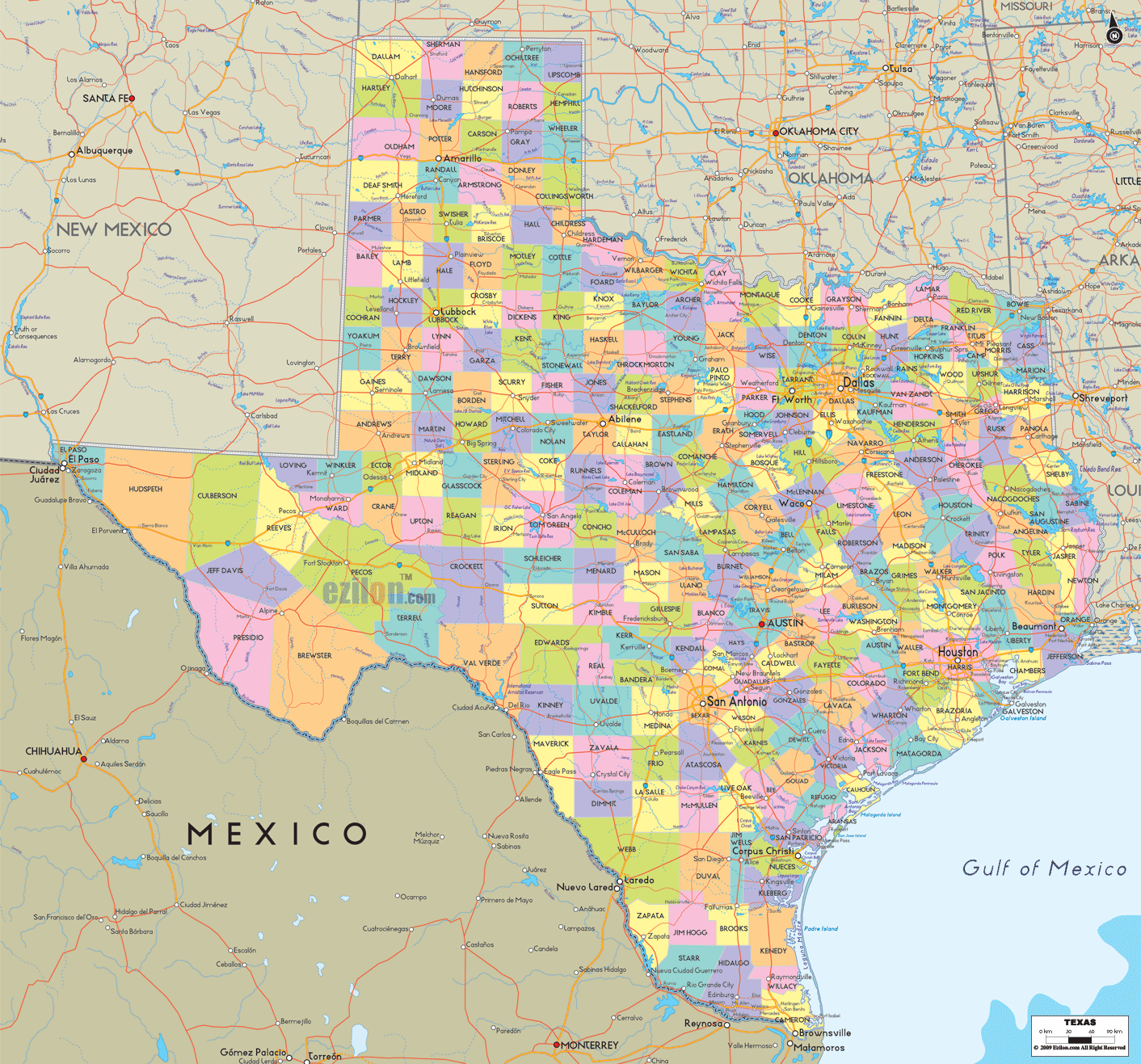 Detailed Political Map of Texas - Ezilon Maps