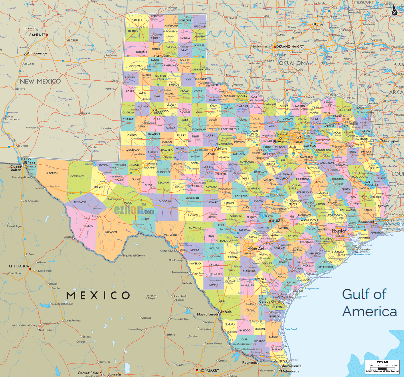 Detailed Political Map of Texas - Ezilon Maps