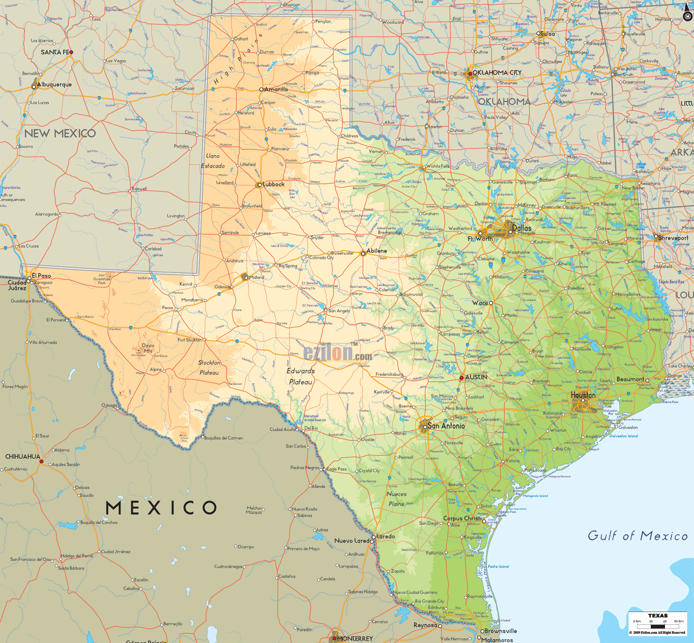 The Physical map of Texas State, USA showing major geographical features such as rivers, lakes, topography and land formations.
