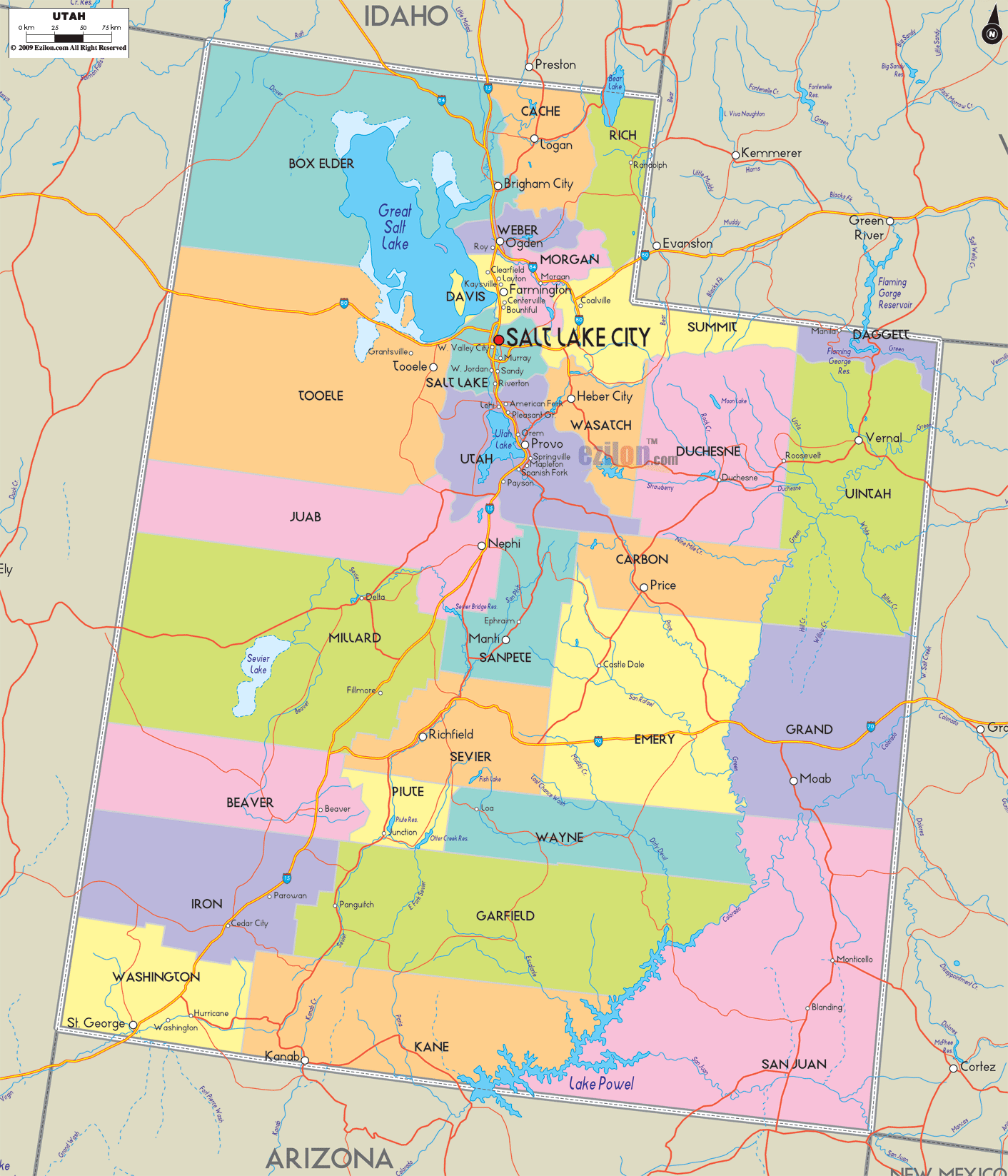 Detailed large map of Utah State, USA showing cities, towns, county formations, roads highway, US highways and State routes.