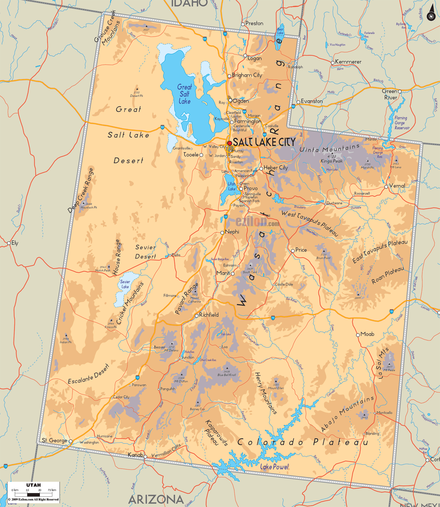 The Physical map of Utah State, USA showing major geographical features such as rivers, lakes, mountains, topography and land formations.