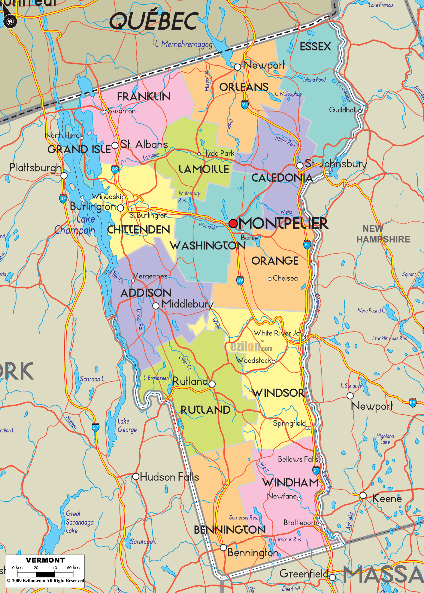 Detailed large map of Vermont State, USA showing cities, towns, county formations, roads highway, US highways and State routes.