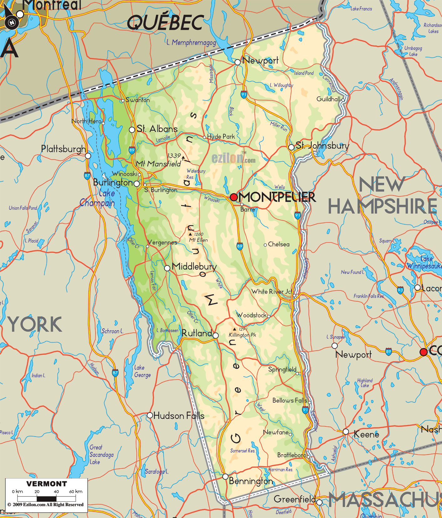 Detailed physical map of Vermont showing major geographical features such as rivers, lakes, mountains, topography and land formations.