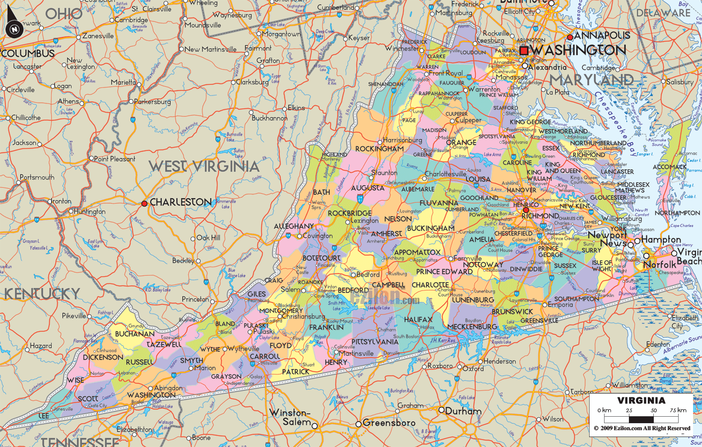 Detailed large map of Virginia State USA showing cities, towns, county formations, roads highway, US highways and State routes.