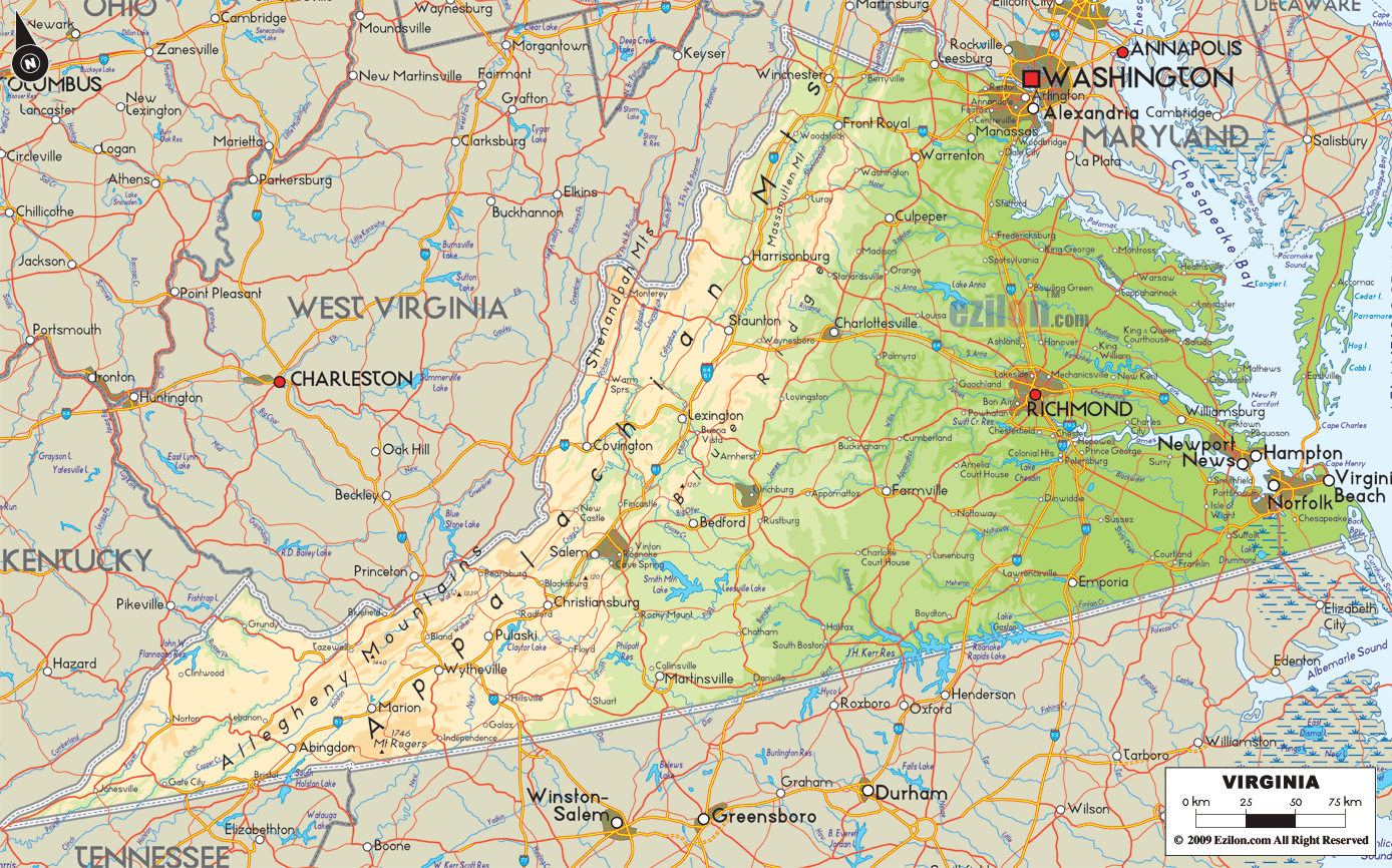 The Physical map of Virginia State, USA showing major geographical features such as rivers, lakes, topography and land formations.