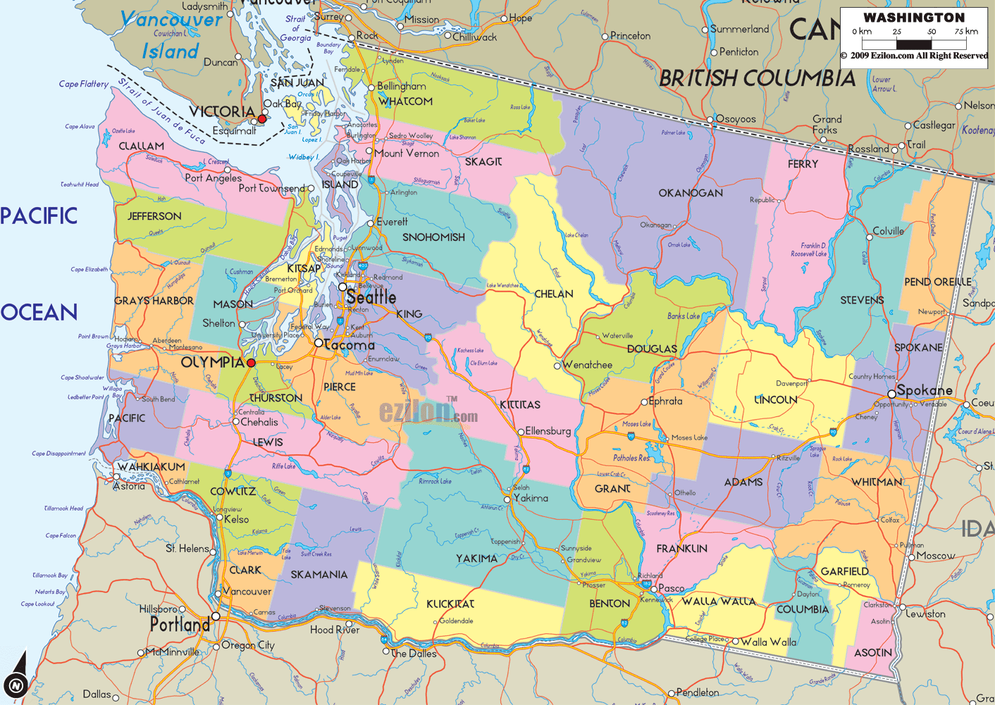 Detailed large map of Washington State USA, showing cities, towns, county formations, roads highway, US highways and State routes.