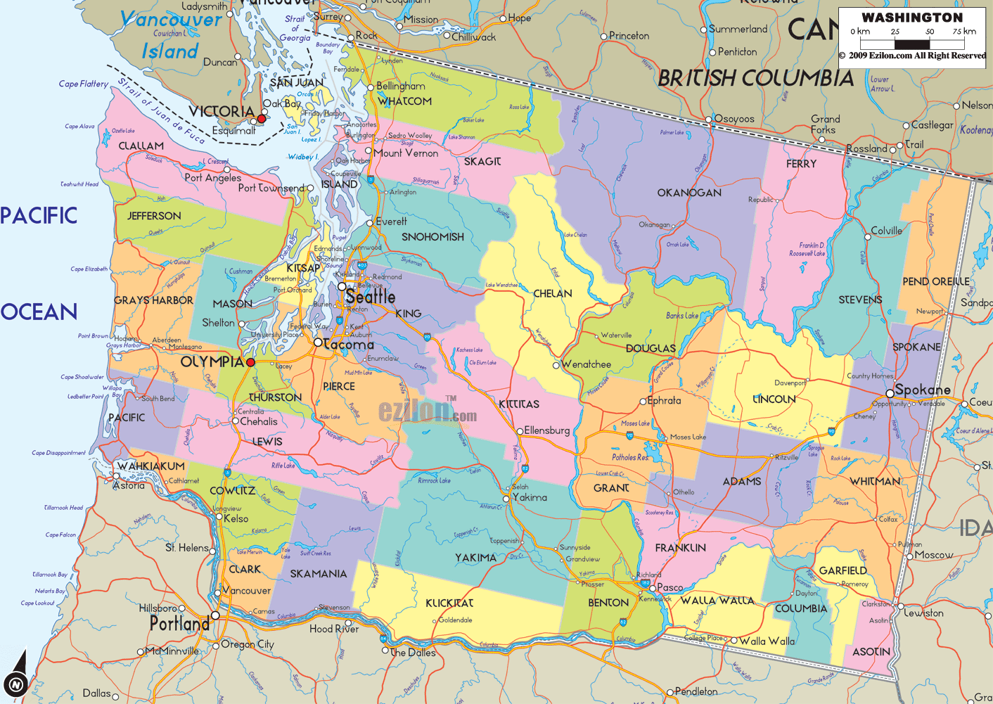 Detailed Political Map of Washington State Ezilon Maps