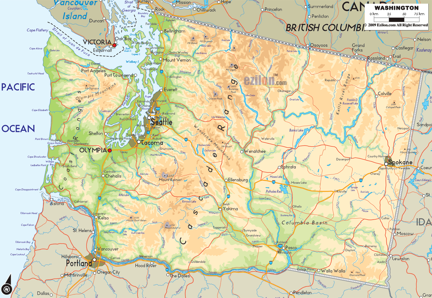 The Physical map of Washington State, USA showing major geographical features such as rivers, lakes, topography and land formations.