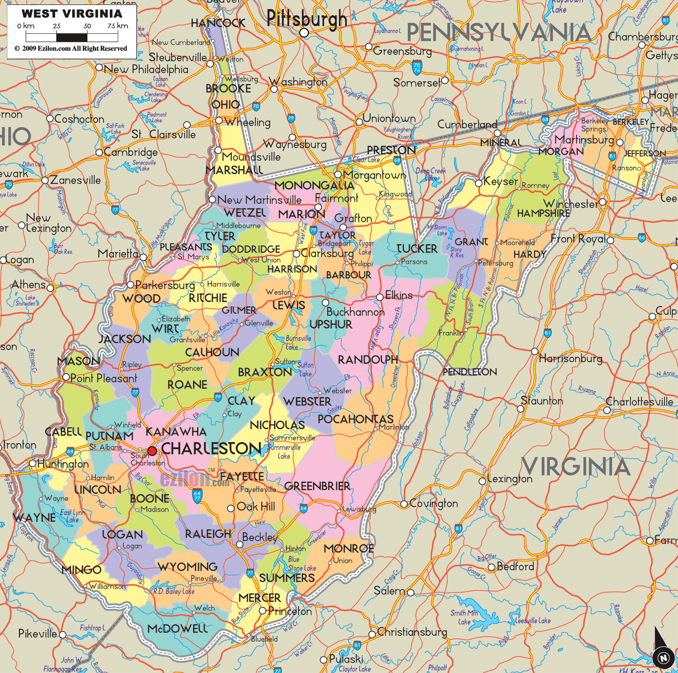 Detailed large map of West Virginia State, USA showing cities, towns, county formations, roads highway, US highways and State routes.