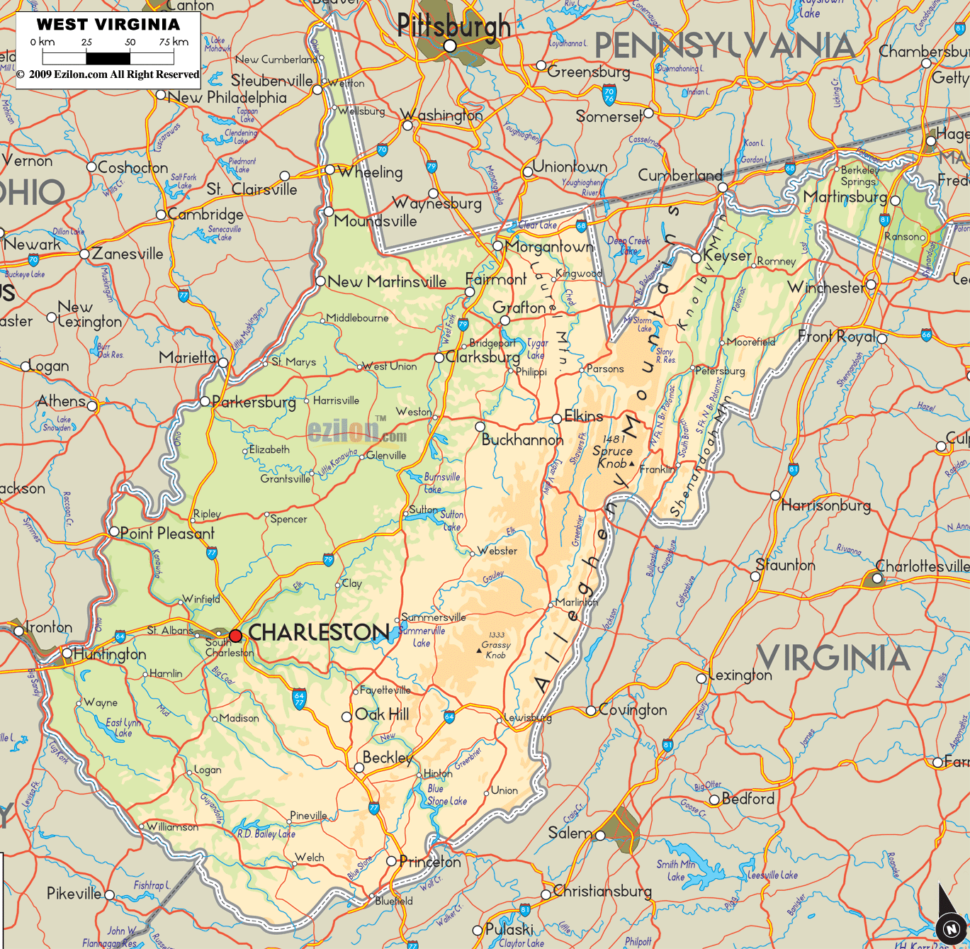 Detailed physical map of West Virginia showing major geographical features such as rivers, lakes, topography and land formations.