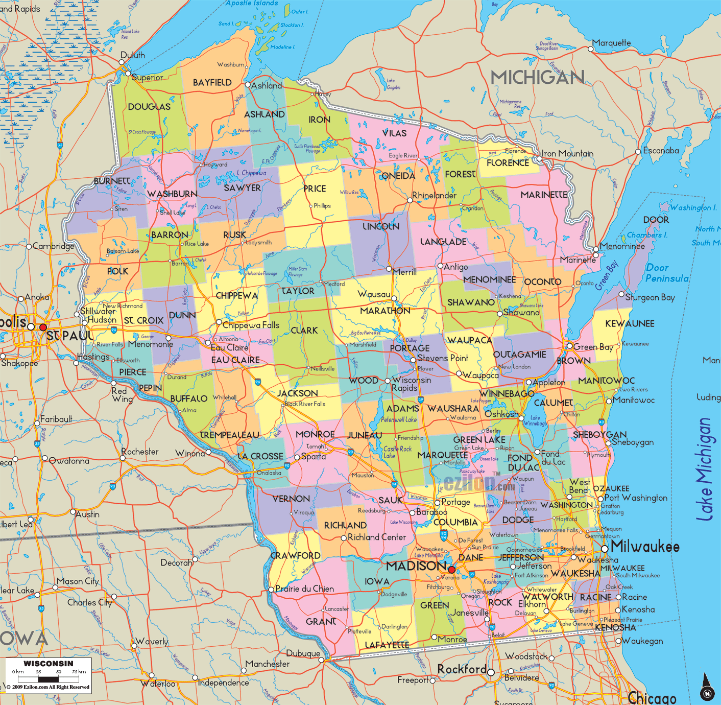 Detailed large map of Wisconsin State, USA showing cities, towns, county formations, roads highway, US highways and State routes.