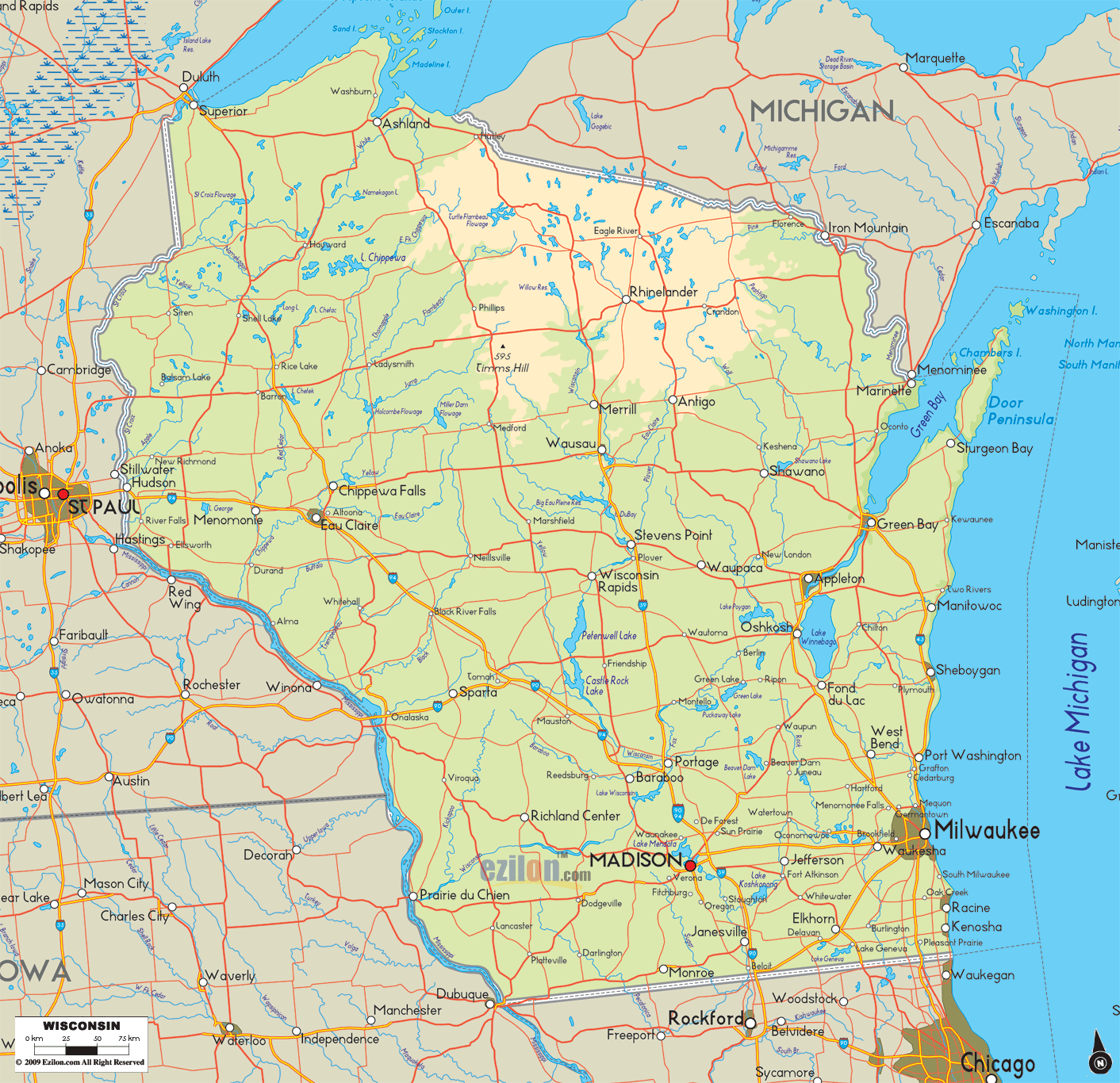 The physical map of Wisconsin State, USA showing major geographical features such as rivers, lakes, topography and land formations.