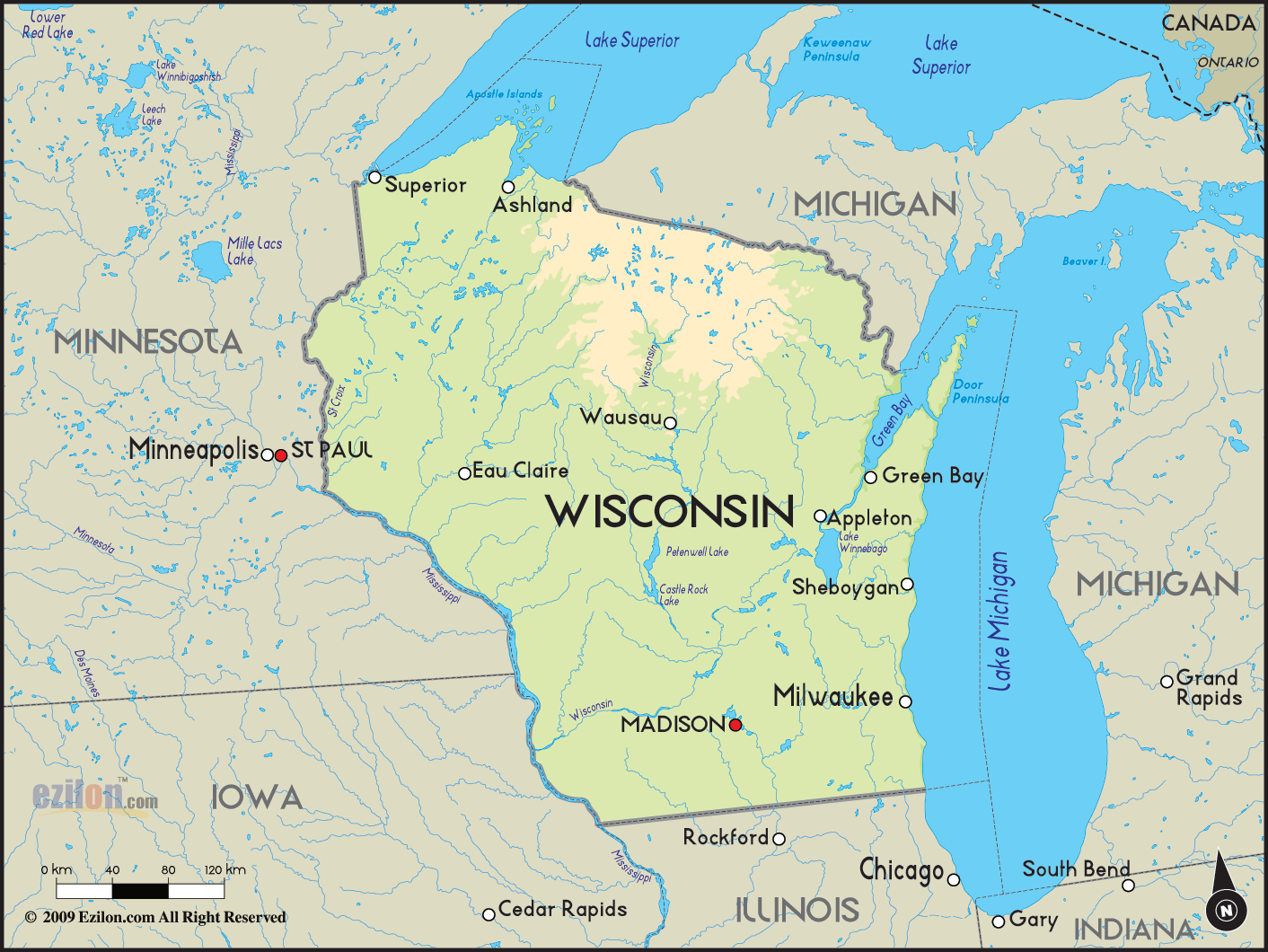 Geographical Map Of Wisconsin And Wisconsin Geographical Maps