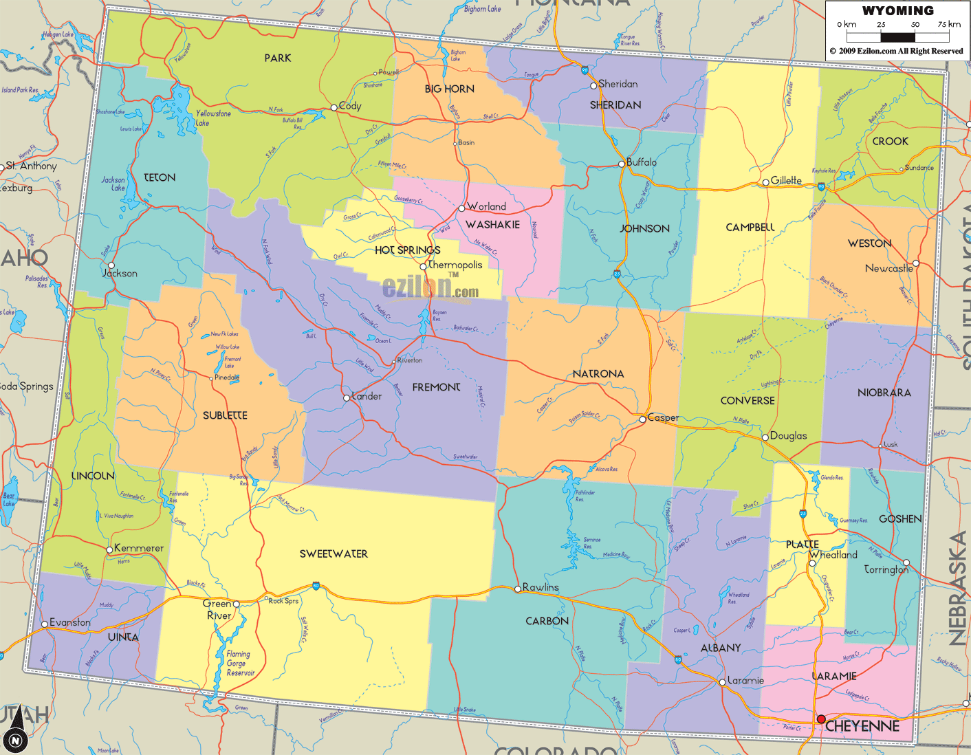 Detailed large map of Wyoming State, USA showing cities, towns, county formations, roads highway, US highways and State routes.