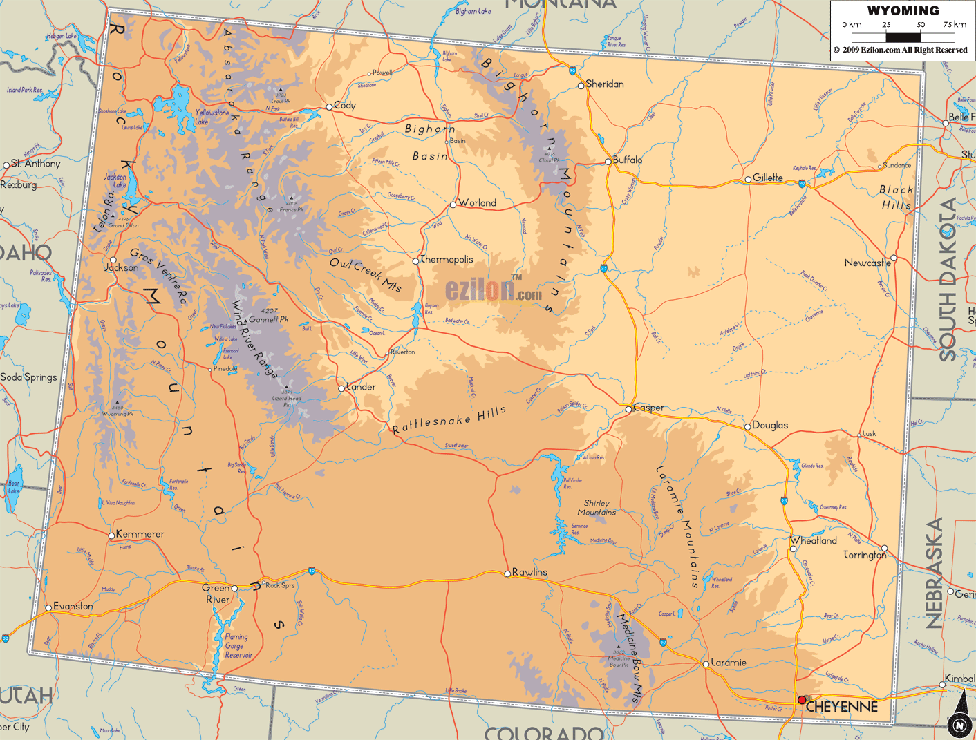 The Physical map of Wyoming State, USA showing major geographical features such as rivers, lakes, topography and land formations.