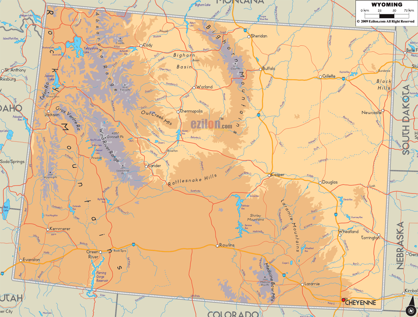 Physical Map Of Wyoming Ezilon Maps