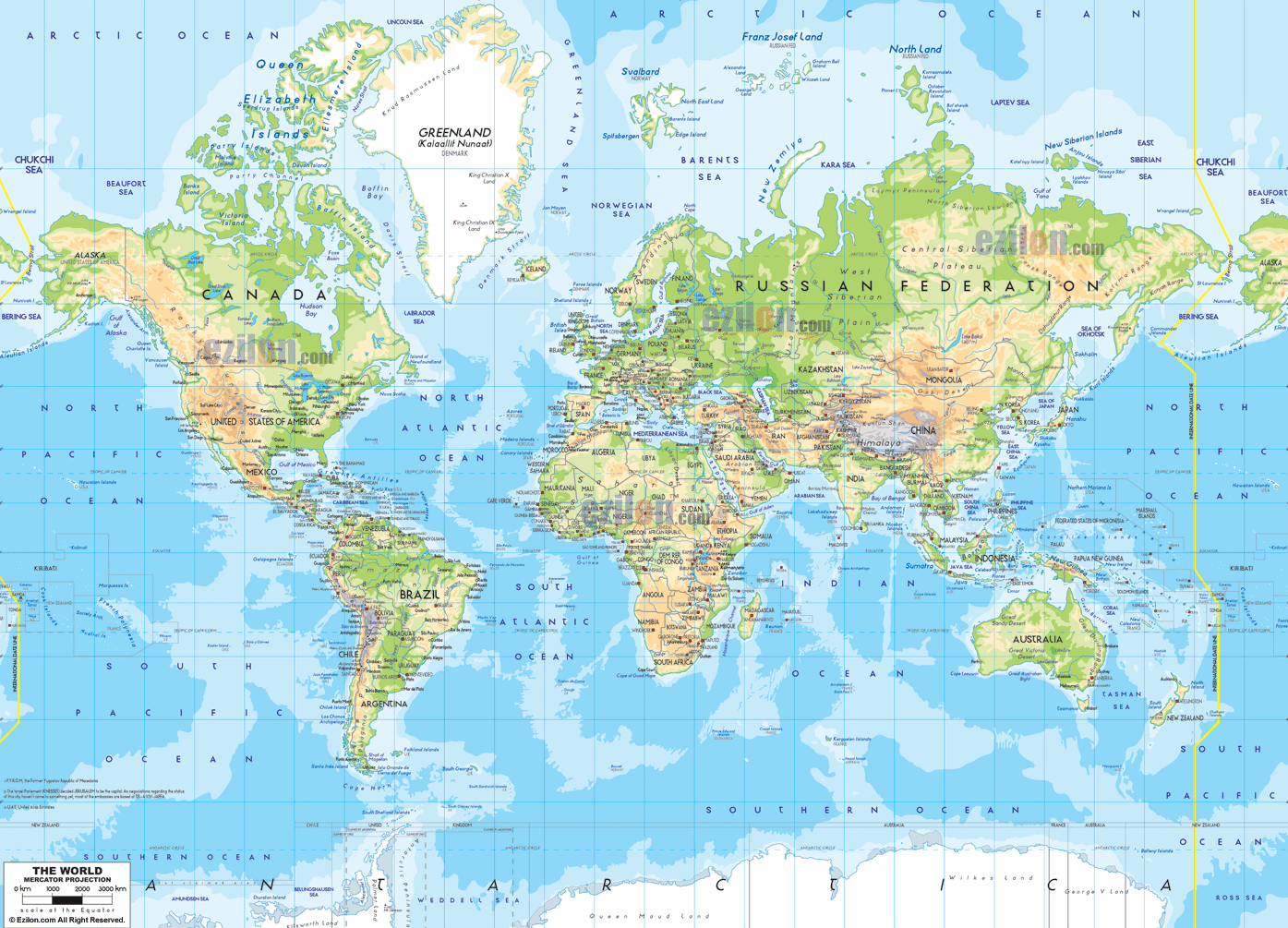 Detailed physical map of the world which shows earth's landforms like mountains, deserts, plains, bodies of water such as lakes, rivers, oceans and other geographical or topographic features.