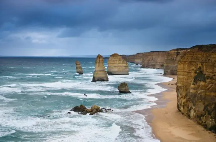 Twelve Apostles rock formation on coastline as seen from the Great Ocean Road, Australia.