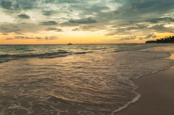 Colorful sunrise landscape on Atlantic ocean coast. Dominican republic, Punta Cana. Toned photo with filter effect