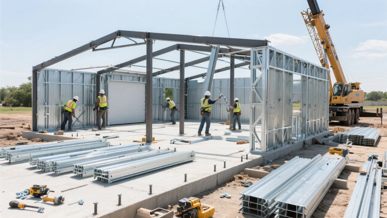 Depicts the construction phase with pre-cut steel components, workers assembling the bolt-together frame, and the efficient installation process.