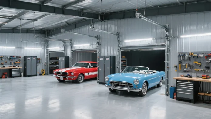 Shows a modern steel garage interior with classic cars (red muscle car and blue convertible), organized tools, professional lighting, and clean storage systems