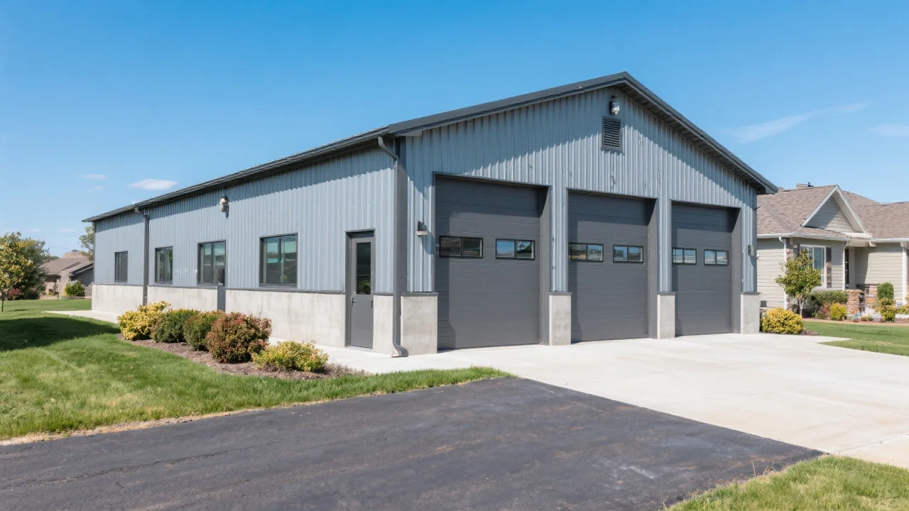 Features the finished steel garage building on a residential property with multiple bays, professional appearance, and landscaping.