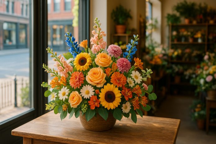 bright sunflower and gerbera daisy birthday flower arrangement