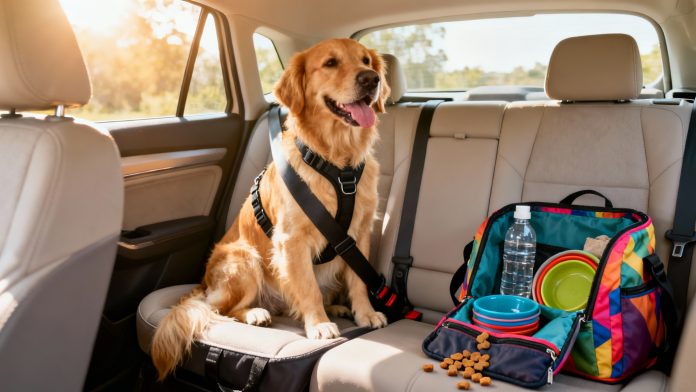 A cheerful dog sitting in a car seat with a travel bag and treats visible.