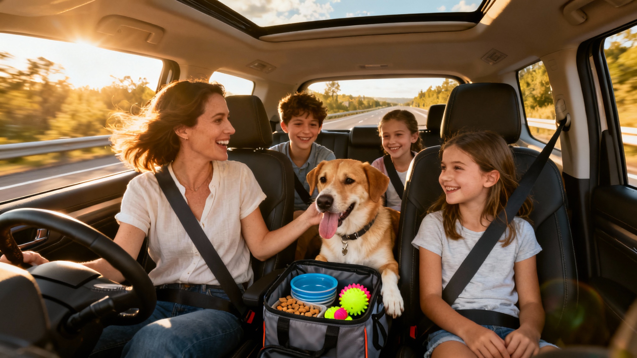 A happy family traveling with their dog, relaxed with treats and a pet kit in view.