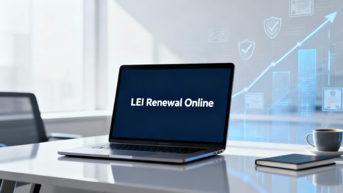 Laptop on desk with “LEI Renewal Online” and compliance icons/graphs in the backdrop.