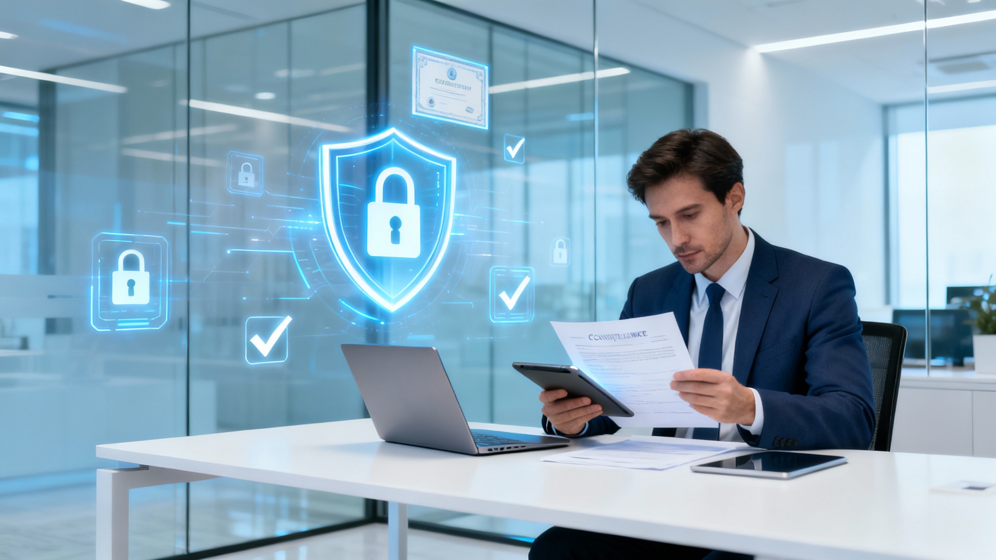 Professional reviewing compliance documents digitally, with trust security overlays (shields, certificates, checkmarks).