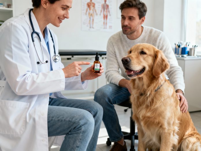 Veterinarian Guidance Scene A vet in a clinical setting explaining CBD oil dosage to a pet owner, with a dog sitting calmly.
